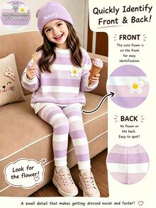 Young Girls 2pcs Fall Outfits Striped Floral Print Crew Neck Sweatshirt & Leggings Set, Sweet Autumn Casual Wear - Multicolor - View 1