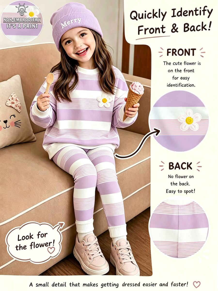 Young Girls 2pcs Fall Outfits Striped Floral Print Crew Neck Sweatshirt & Leggings Set, Sweet Autumn Casual Wear - Multicolor - View 1
