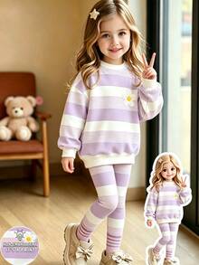 Young Girls 2pcs Fall Outfits Striped Floral Print Crew Neck Sweatshirt & Leggings Set, Sweet Autumn Casual Wear - Multicolor - View 3