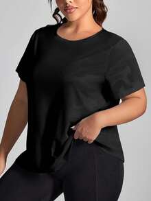 SHEIN Rhythm Era 大码女式迷彩印花圆领短袖运动T恤健身衫 - 黑色 - 查看 6