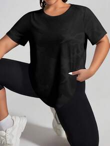 SHEIN Rhythm Era 大码女式迷彩印花圆领短袖运动T恤健身衫 - 黑色 - 查看 8
