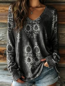 Selamara Women's Fashion Distressed Vintage Romantic Bohemian Floral Print Sweatshirt, Suitable For Daily Wear, Commuting, Vacation, Slouchy Outfit - Multicolor - View 1