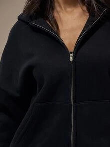 MUSERA ESSENTIALS Black Heavyweight Fleece Drop Shoulder Full Zip Hoodie Basics Loungewear Casual Everyday Essentials - Black - View 5