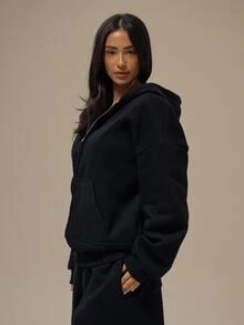 MUSERA ESSENTIALS Black Heavyweight Fleece Drop Shoulder Full Zip Hoodie Basics Loungewear Casual Everyday Essentials - Black - View 3