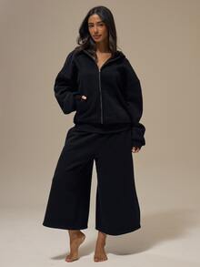 MUSERA ESSENTIALS Black Heavyweight Fleece Drop Shoulder Full Zip Hoodie Basics Loungewear Casual Everyday Essentials - Black - View 2