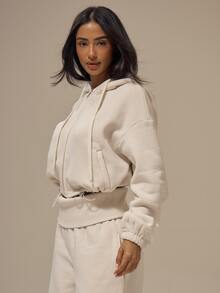 MUSERA ESSENTIALS Jaket Hoodie Pendek Off White dengan Tali Serut dan Resleting Depan, Model Bahu Longgar, Pakaian Santai Dasar, Kebutuhan Sehari-hari, Musim Gugur/Musim Dingin - Krim - View 3