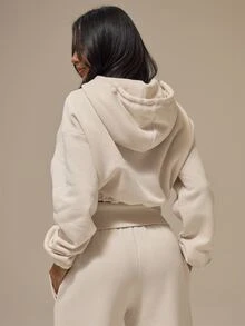 MUSERA ESSENTIALS Jaket Hoodie Pendek Off White dengan Tali Serut dan Resleting Depan, Model Bahu Longgar, Pakaian Santai Dasar, Kebutuhan Sehari-hari, Musim Gugur/Musim Dingin - Krim - View 4