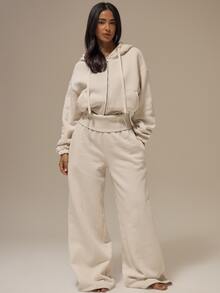 MUSERA ESSENTIALS Jaket Hoodie Pendek Off White dengan Tali Serut dan Resleting Depan, Model Bahu Longgar, Pakaian Santai Dasar, Kebutuhan Sehari-hari, Musim Gugur/Musim Dingin - Krim - View 2