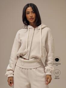 MUSERA ESSENTIALS Jaket Hoodie Pendek Off White dengan Tali Serut dan Resleting Depan, Model Bahu Longgar, Pakaian Santai Dasar, Kebutuhan Sehari-hari, Musim Gugur/Musim Dingin - Krim - View 1