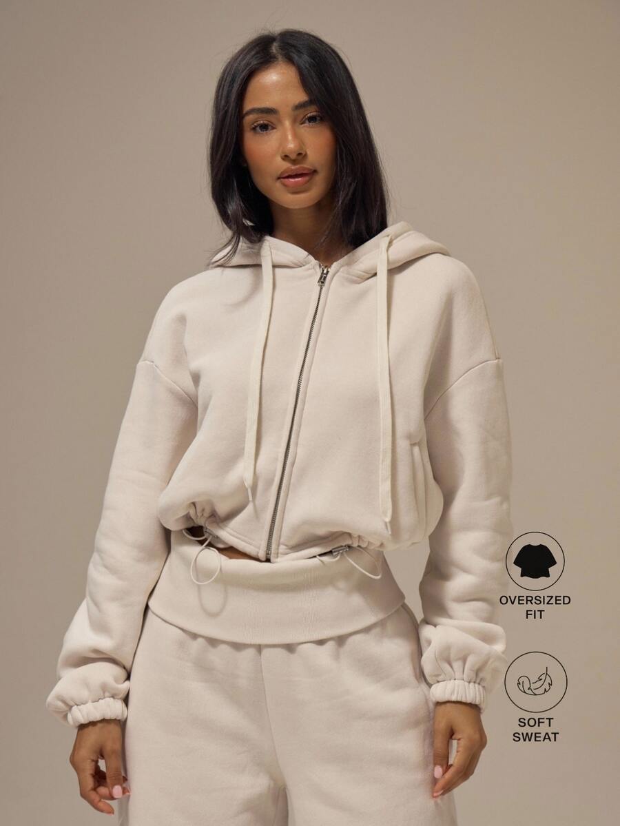 MUSERA ESSENTIALS Jaket Hoodie Pendek Off White dengan Tali Serut dan Resleting Depan, Model Bahu Longgar, Pakaian Santai Dasar, Kebutuhan Sehari-hari, Musim Gugur/Musim Dingin - Krim - View 1