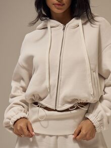 MUSERA ESSENTIALS Jaket Hoodie Pendek Off White dengan Tali Serut dan Resleting Depan, Model Bahu Longgar, Pakaian Santai Dasar, Kebutuhan Sehari-hari, Musim Gugur/Musim Dingin - Krim - View 5
