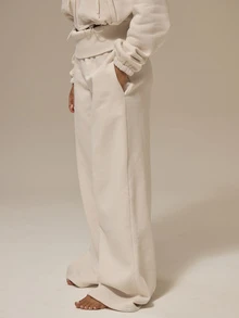 MUSERA ESSENTIALS Off White Fleece Foldover Ribbed Waistband Relaxed Wide Leg Pants Basics Loungewear Casual Everyday Essentials Autumn Fall Winter - Cream - View 3