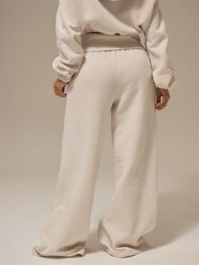 MUSERA ESSENTIALS Off White Fleece Foldover Ribbed Waistband Relaxed Wide Leg Pants Basics Loungewear Casual Everyday Essentials Autumn Fall Winter - Cream - View 4