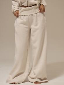 MUSERA ESSENTIALS Off White Fleece Foldover Ribbed Waistband Relaxed Wide Leg Pants Basics Loungewear Casual Everyday Essentials Autumn Fall Winter - Cream - View 2