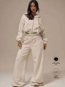 MUSERA ESSENTIALS Off White Fleece Foldover Ribbed Waistband Relaxed Wide Leg Pants Basics Loungewear Casual Everyday Essentials Autumn Fall Winter - Cream - View 1