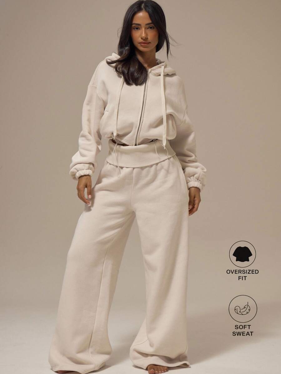 MUSERA ESSENTIALS Off White Fleece Foldover Ribbed Waistband Relaxed Wide Leg Pants Basics Loungewear Casual Everyday Essentials Autumn Fall Winter - Cream - View 1