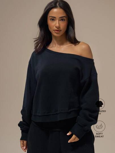 MUSERA ESSENTIALS Black Fleece Asymmetrical Off The Shoulder Ribbed Cuffed Long Sleeve Cropped Sweatshirt Basics Loungewear Casual Everyday Essentials
