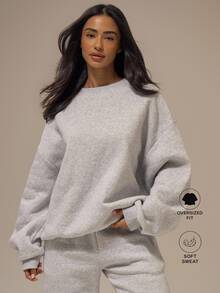 MUSERA ESSENTIALS Marl Grey Ribbed Trim Drop Shoulder Slouchy Sleeve Oversized Sweatshirt Jumper Basics Loungewear Casual Everyday Essentials Autumn Fall Winter - Grey - View 1