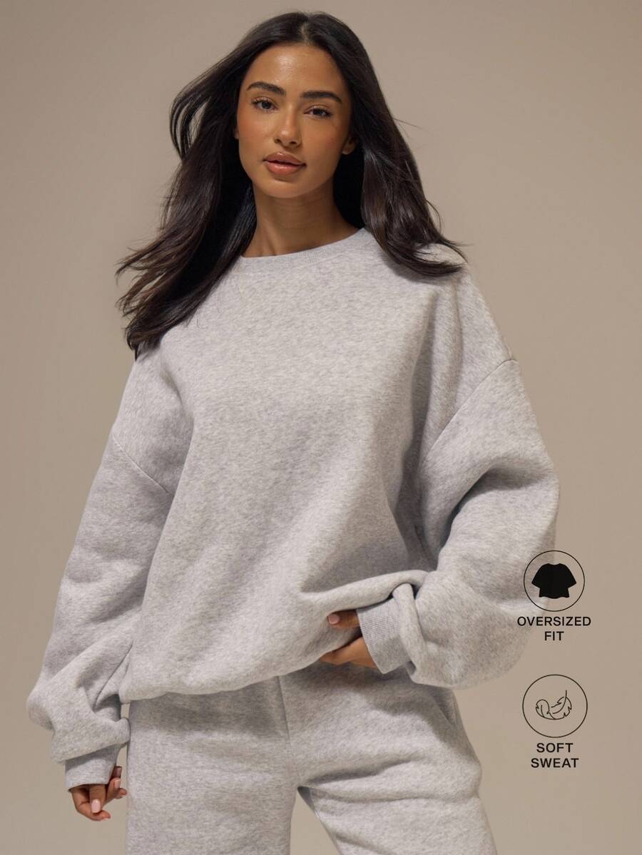 MUSERA ESSENTIALS Marl Grey Ribbed Trim Drop Shoulder Slouchy Sleeve Oversized Sweatshirt Jumper Basics Loungewear Casual Everyday Essentials Autumn Fall Winter - Grey - View 1