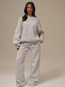 MUSERA ESSENTIALS Marl Grey Ribbed Trim Drop Shoulder Slouchy Sleeve Oversized Sweatshirt Jumper Basics Loungewear Casual Everyday Essentials Autumn Fall Winter - Grey - View 2