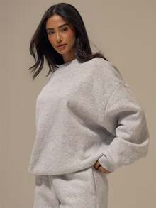 MUSERA ESSENTIALS Marl Grey Ribbed Trim Drop Shoulder Slouchy Sleeve Oversized Sweatshirt Jumper Basics Loungewear Casual Everyday Essentials Autumn Fall Winter - Grey - View 3