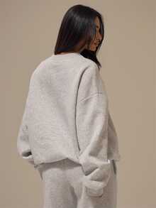 MUSERA ESSENTIALS Marl Grey Ribbed Trim Drop Shoulder Slouchy Sleeve Oversized Sweatshirt Jumper Basics Loungewear Casual Everyday Essentials Autumn Fall Winter - Grey - View 4