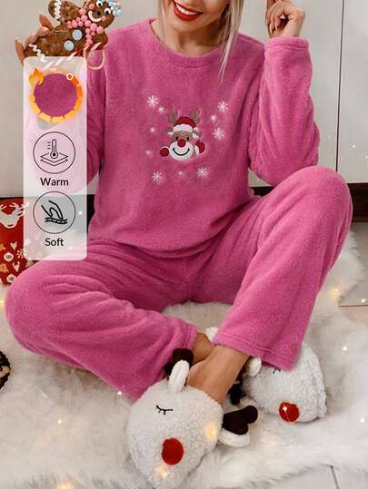 SHEIN Christmas Snowman Embroidery Drop Shoulder Flannel PJ Set