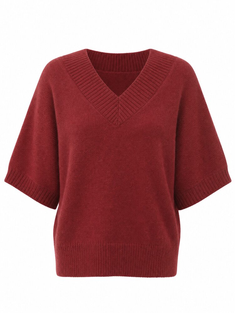 LUMIGAL Women's V-Neck Ribbed Trim Shoulder-Connected Loose Short Sleeve Ribbed Hem Sweater - Red - View 6