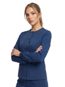 TaskEZ Jaket Seragam Medis Lengan Panjang Warna Biru Tua dengan Manset Bergaris, Kerah Bulat, Banyak Saku, Praktis dan Nyaman - Biru - View 6