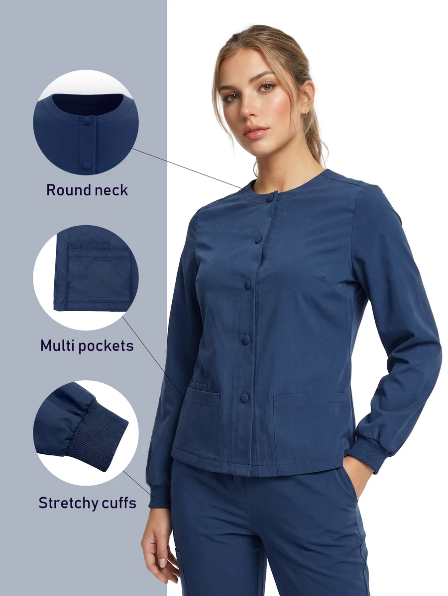 TaskEZ Jaket Seragam Medis Lengan Panjang Warna Biru Tua dengan Manset Bergaris, Kerah Bulat, Banyak Saku, Praktis dan Nyaman - Biru - View 1