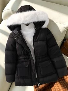 SHEIN 女童秋冬黑白配色連帽毛領中長版填充外套，長袖抓絨，收腰設計，雙貼袋，圖案Club款 - 黑色 - 查看 9