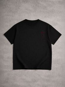 Manfinity EMRG 男士字母刺繡時尚街頭風圓領短袖T恤 - 黑色 - 查看 4