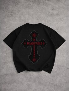 Manfinity EMRG 男士字母刺繡時尚街頭風圓領短袖T恤 - 黑色 - 查看 2