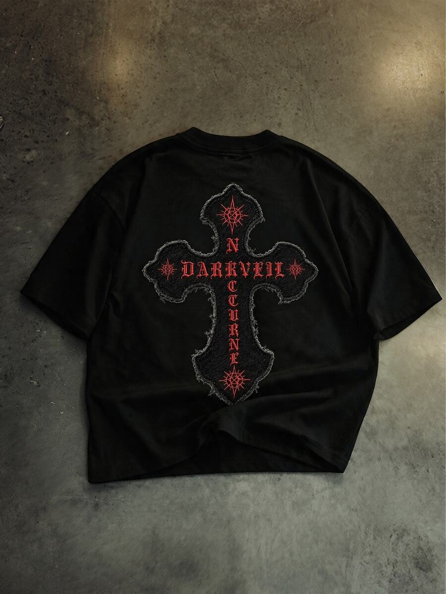 Manfinity EMRG 男士字母刺繡時尚街頭風圓領短袖T恤 - 黑色 - 查看 1