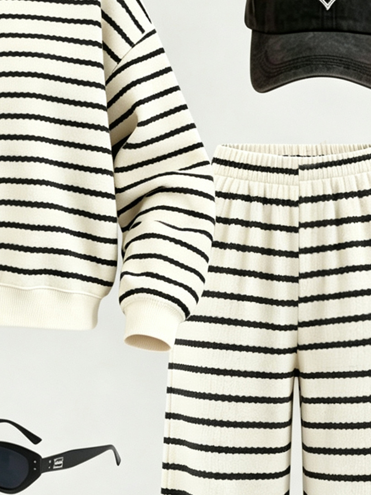 Girls' Korean Style Black And White Striped Round Neck Long Sleeve Set, Loose Drop Shoulder Top With Elastic Waist Wide Leg Pants 2 Pieces Set, Minimalist Retro INS Style, Casual Versatile Chic Outfit For Young GirlDaily Wear, Spring Autumn Winter School Back To School Halloween Christmas - Multicolor - View 3