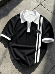 Manfinity EMRG Men's Classic Colorblock Apricot & Black Striped Horse Logo Button Polo Shirt, Summer Essential - Multicolor - View 3