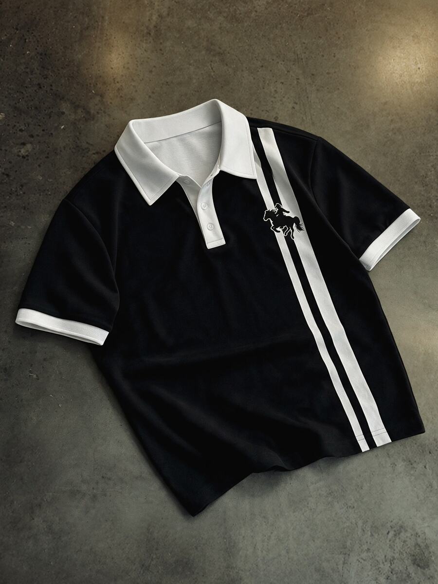 Manfinity EMRG Men's Classic Colorblock Apricot & Black Striped Horse Logo Button Polo Shirt, Summer Essential - Multicolor - View 1