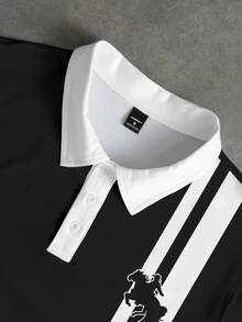 Manfinity EMRG Men's Classic Colorblock Apricot & Black Striped Horse Logo Button Polo Shirt, Summer Essential - Multicolor - View 6
