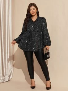 Comfylo Plus Size Women's Turn Collar Long Sleeve Shiny Fashion Blouse - Black - View 4