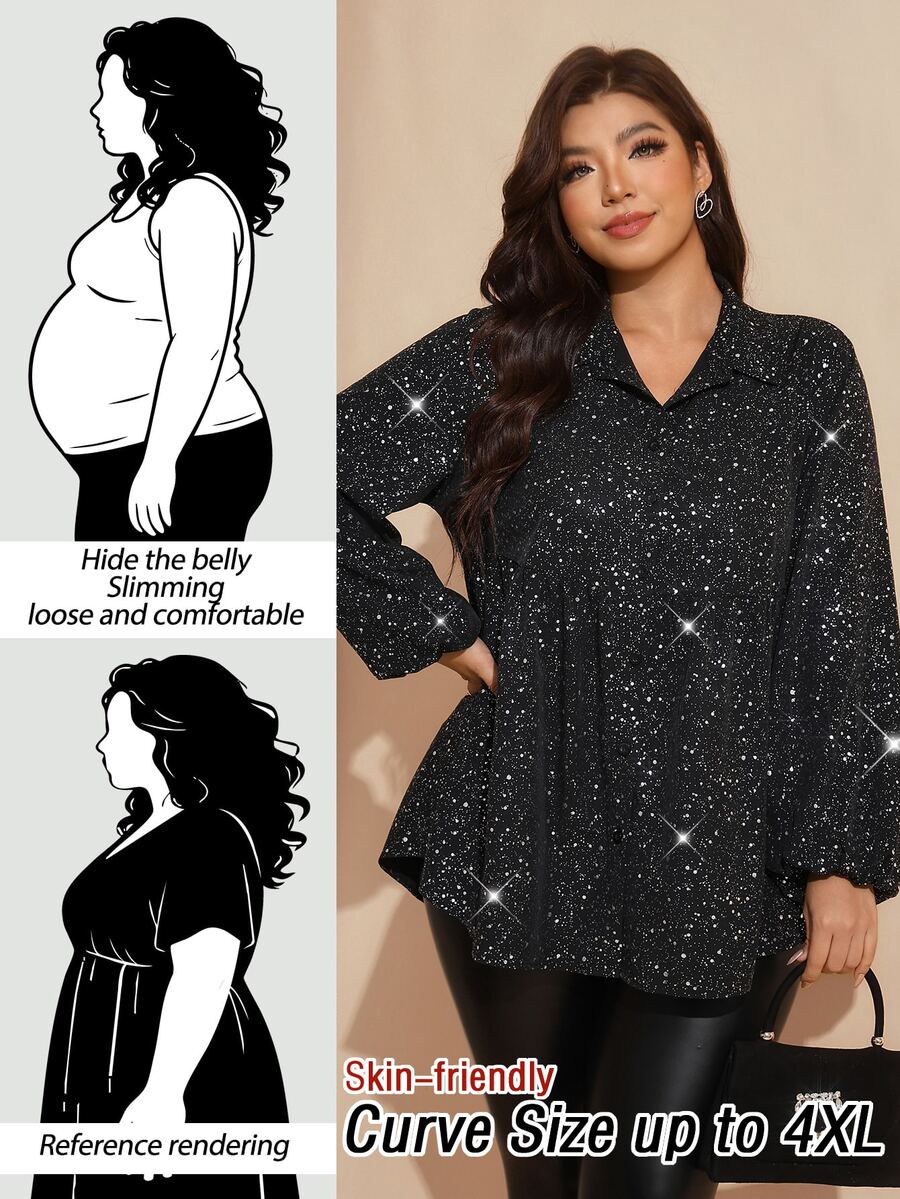 Comfylo Plus Size Women's Turn Collar Long Sleeve Shiny Fashion Blouse
