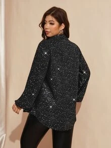 Comfylo Plus Size Women's Turn Collar Long Sleeve Shiny Fashion Blouse - Black - View 3