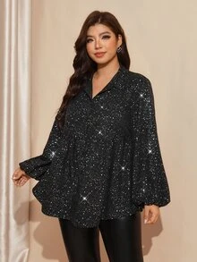 Comfylo Plus Size Women's Turn Collar Long Sleeve Shiny Fashion Blouse - Black - View 6