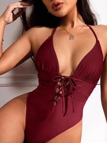 SHEIN Swim 女款性感抽繩抓皺高腰掛脖綁帶連身泳衣，酒紅色，適合海灘俱樂部夏季穿著 - 酒紅色 - 查看 3