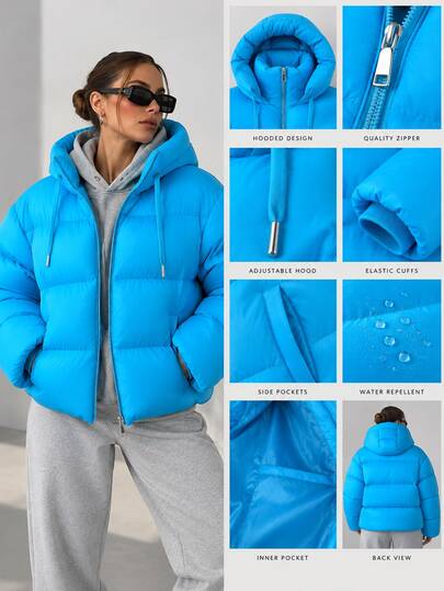 Trelyra Women's Hooded Puffer Jacket – Light Blue Casual Winter Coat, Microfiber Padded Outerwear, Front Zip, Warm Parka, Casual Fashion, Long Sleeve, Regular Fit
