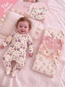 New Born Baby (1 Random Piece Out Of 5) Soft Comfortable Newborn Multiple Colors Available Pajamas Rompers (Apricot, Pink, Khaki) - Multicolor - View 3