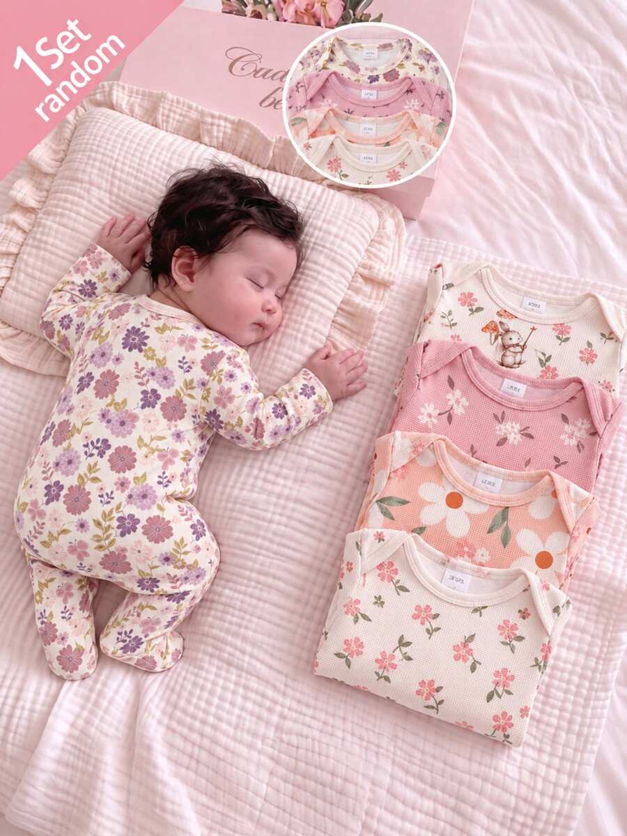 New Born Baby (1 Random Piece Out Of 5) Soft Comfortable Newborn Multiple Colors Available Pajamas Rompers (Apricot, Pink, Khaki) - Multicolor - View 1