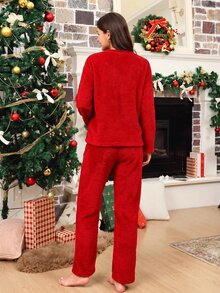 SHEIN Christmas Embroidery Warm Soft Teddy Pajama Set - Red - View 3