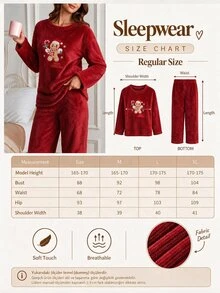 SHEIN Christmas Embroidery Warm Soft Teddy Pajama Set - Red - View 4