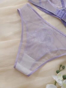 DelicateAllure Women's Elegant Floral Embroidered Mesh Lingerie Set - Mauve Purple - View 8