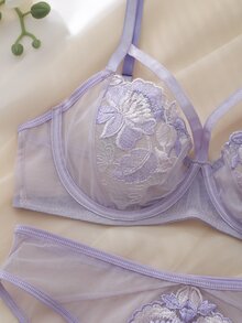 DelicateAllure Women's Elegant Floral Embroidered Mesh Lingerie Set - Mauve Purple - View 9
